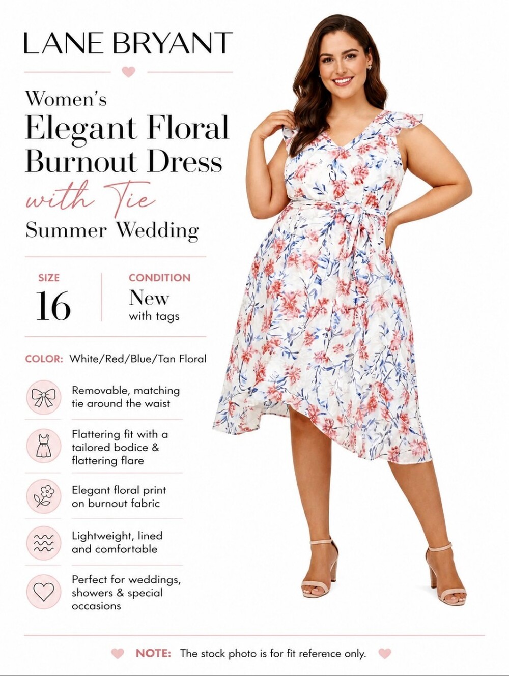 Lane Bryant Women's Elegant Floral Burnout Dress W/Tie Summer Wedding Size 16